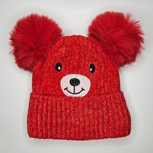 Red Kids Teddy Bear Sherpa Lined Soft Knit Pom Pom Beanie Winter Hat Gift*